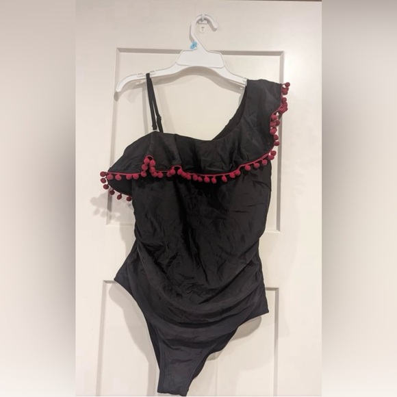 🏝️Fortast 1-Piece Black Bathing Suit with Garnet Pom poms - Picture 2 of 4
